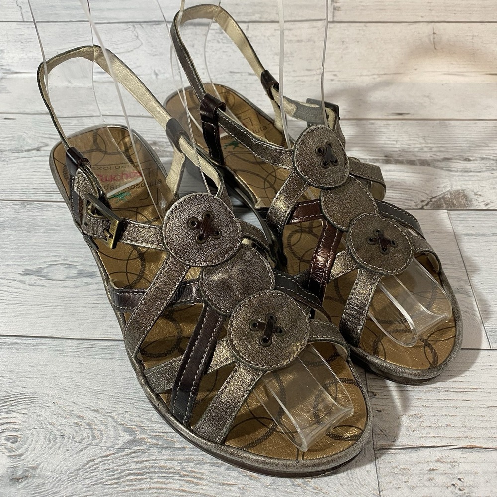 Fluchos Sandals Womens 38 Brown Metallic Leather Strappy Wedge Comfort Spain Fun
